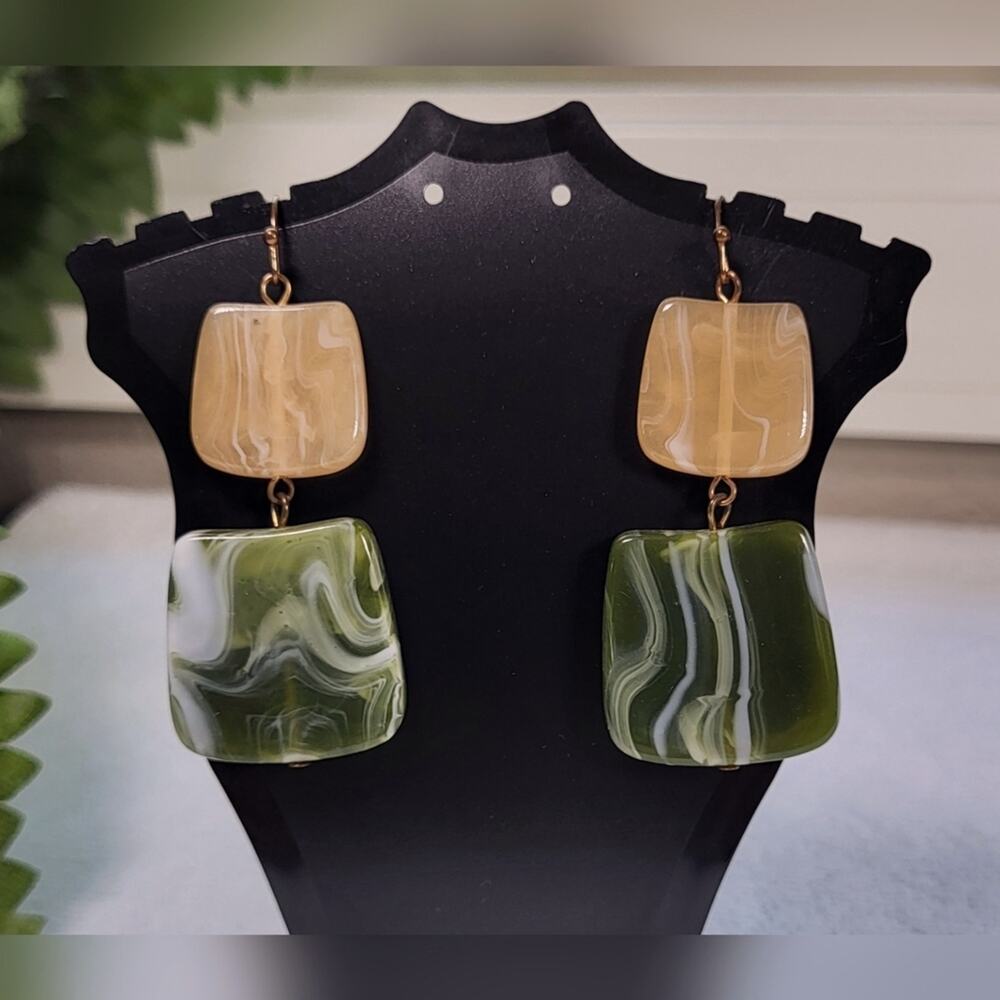 Cream and Green Geometric Resin Statement Dangle Earrings – Pierced - Picture 4 of 8
